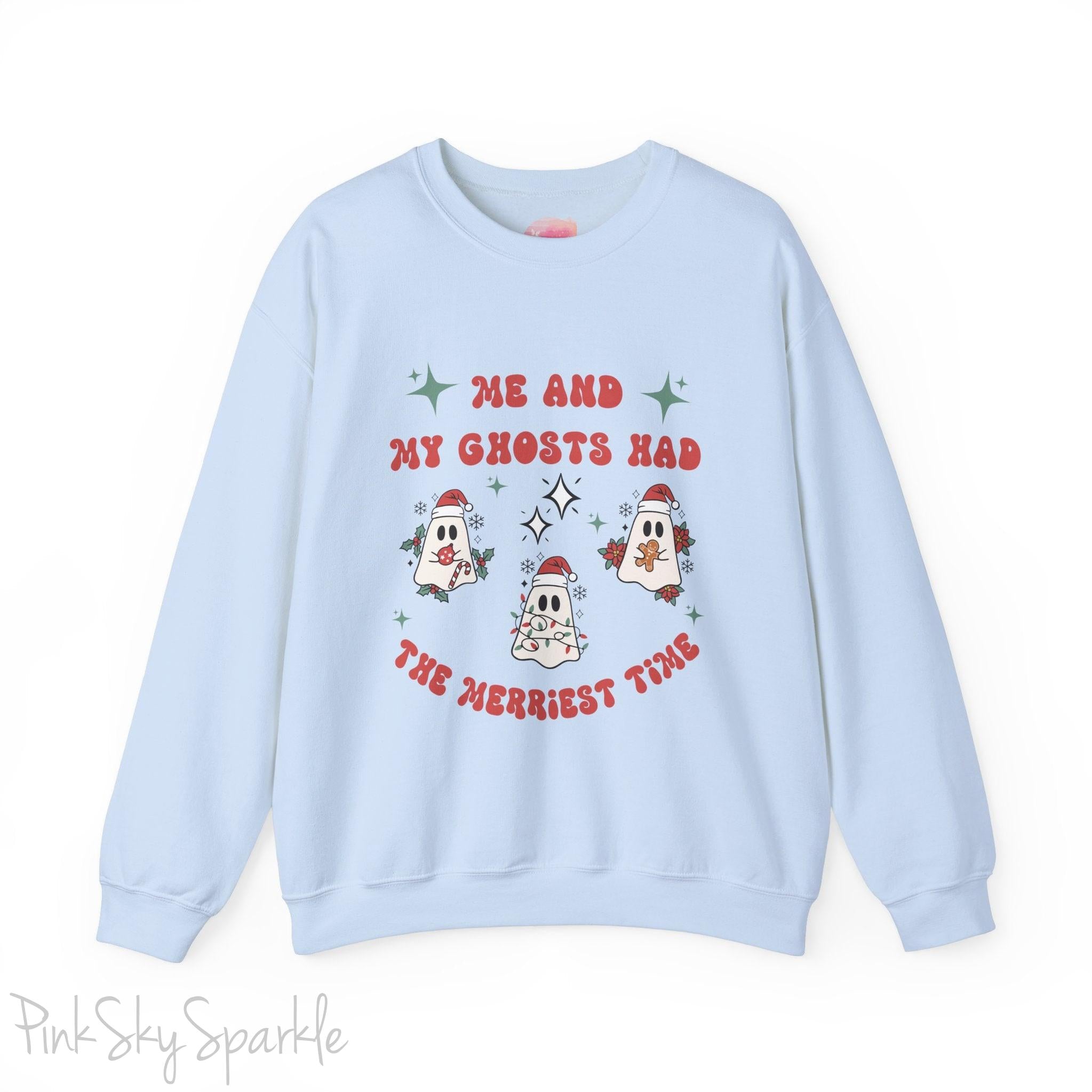 Me and My Ghosts Had the Merriest Time Crewneck Sweatshirt, Christmas-themed ghost design inspired by Taylor Swift lyrics, cozy holiday sweatshirt with festive ghosts, available in multiple sizes, perfect for holiday fans and Swifties-S-Light Blue-PINK SKY SPARKLE