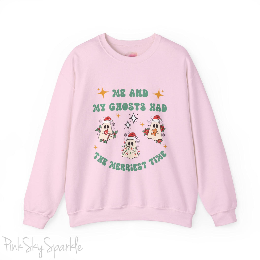 Me and My Ghosts Had the Merriest Time Crewneck Sweatshirt, Christmas-themed ghost design inspired by Taylor Swift lyrics, cozy holiday sweatshirt with festive ghosts, available in multiple sizes, perfect for holiday fans and Swifties-S-Light Pink-PINK SKY SPARKLE