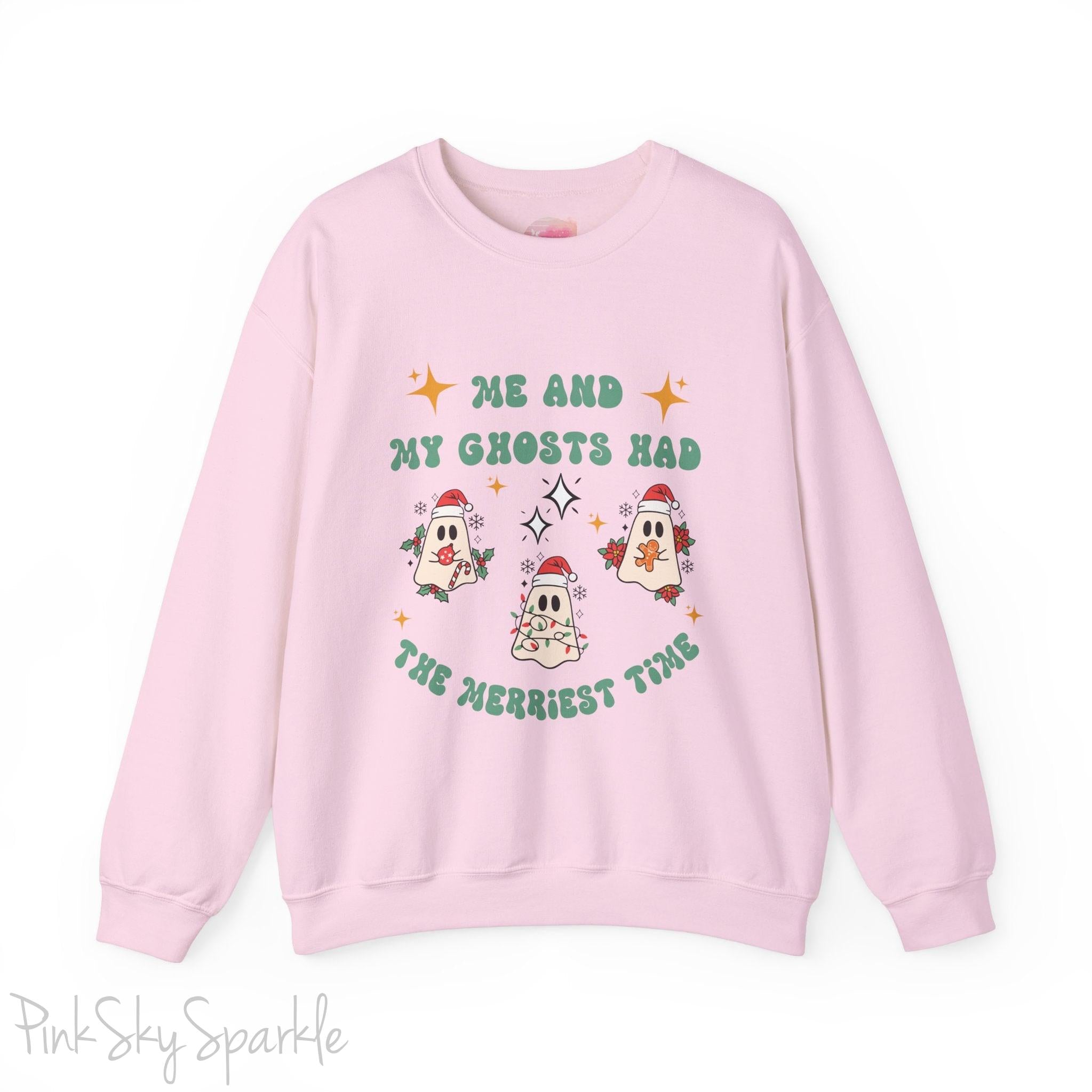 Me and My Ghosts Had the Merriest Time Crewneck Sweatshirt, Christmas-themed ghost design inspired by Taylor Swift lyrics, cozy holiday sweatshirt with festive ghosts, available in multiple sizes, perfect for holiday fans and Swifties-S-Light Pink-PINK SKY SPARKLE