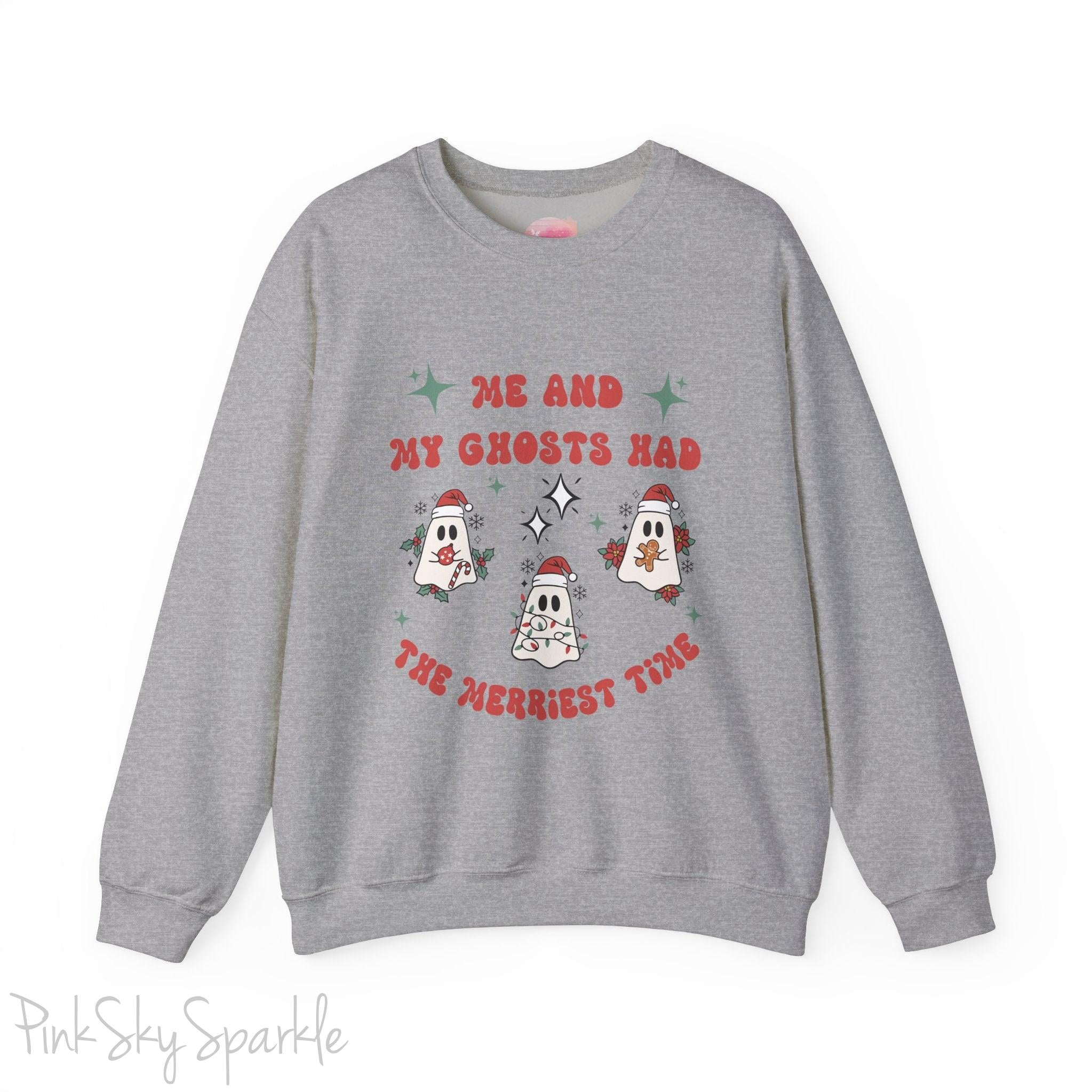 Me and My Ghosts Had the Merriest Time Crewneck Sweatshirt, Christmas-themed ghost design inspired by Taylor Swift lyrics, cozy holiday sweatshirt with festive ghosts, available in multiple sizes, perfect for holiday fans and Swifties-S-Sport Grey-PINK SKY SPARKLE