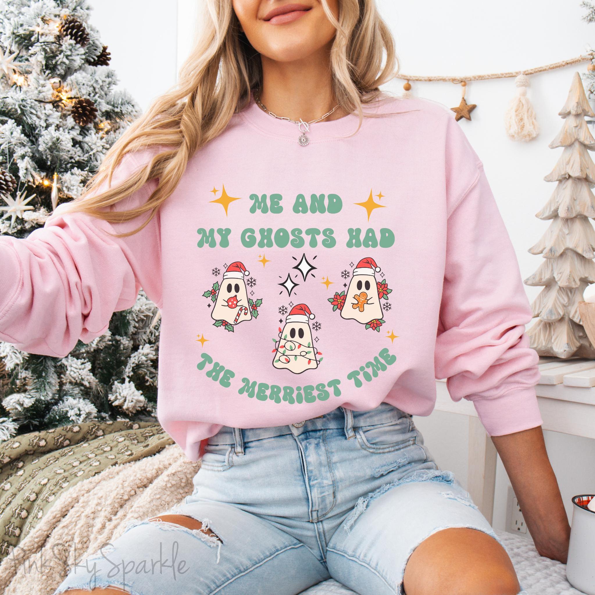 Me and My Ghosts Had the Merriest Time Crewneck Sweatshirt, Christmas-themed ghost design inspired by Taylor Swift lyrics, cozy holiday sweatshirt with festive ghosts, available in multiple sizes, perfect for holiday fans and Swifties-PINK SKY SPARKLE