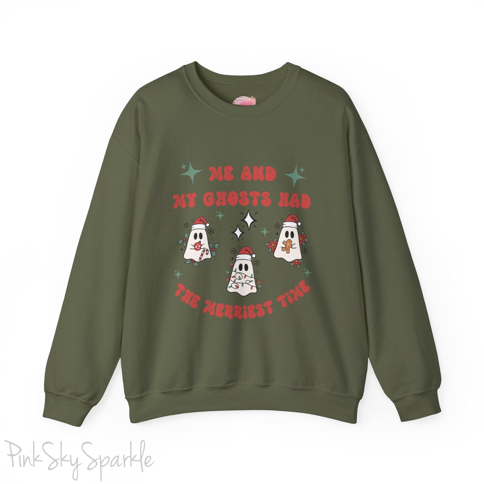 Me and My Ghosts Had the Merriest Time Crewneck Sweatshirt, Christmas-themed ghost design inspired by Taylor Swift lyrics, cozy holiday sweatshirt with festive ghosts, available in multiple sizes, perfect for holiday fans and Swifties-S-Military Green-PINK SKY SPARKLE