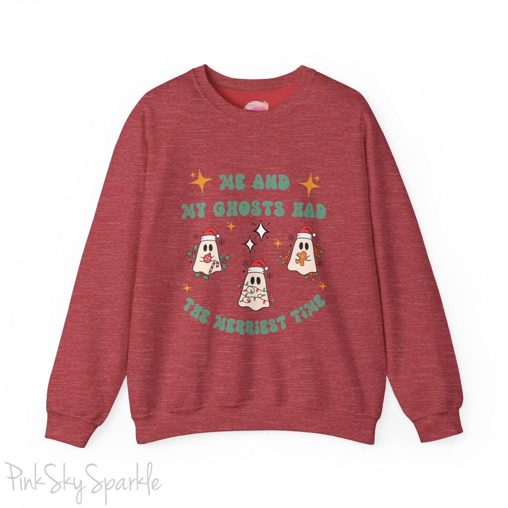 Me and My Ghosts Had the Merriest Time Crewneck Sweatshirt, Christmas-themed ghost design inspired by Taylor Swift lyrics, cozy holiday sweatshirt with festive ghosts, available in multiple sizes, perfect for holiday fans and Swifties-S-Heather Sport Scarlet Red-PINK SKY SPARKLE