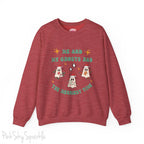 Me and My Ghosts Had the Merriest Time Crewneck Sweatshirt, Christmas-themed ghost design inspired by Taylor Swift lyrics, cozy holiday sweatshirt with festive ghosts, available in multiple sizes, perfect for holiday fans and Swifties-S-Heather Sport Scarlet Red-PINK SKY SPARKLE