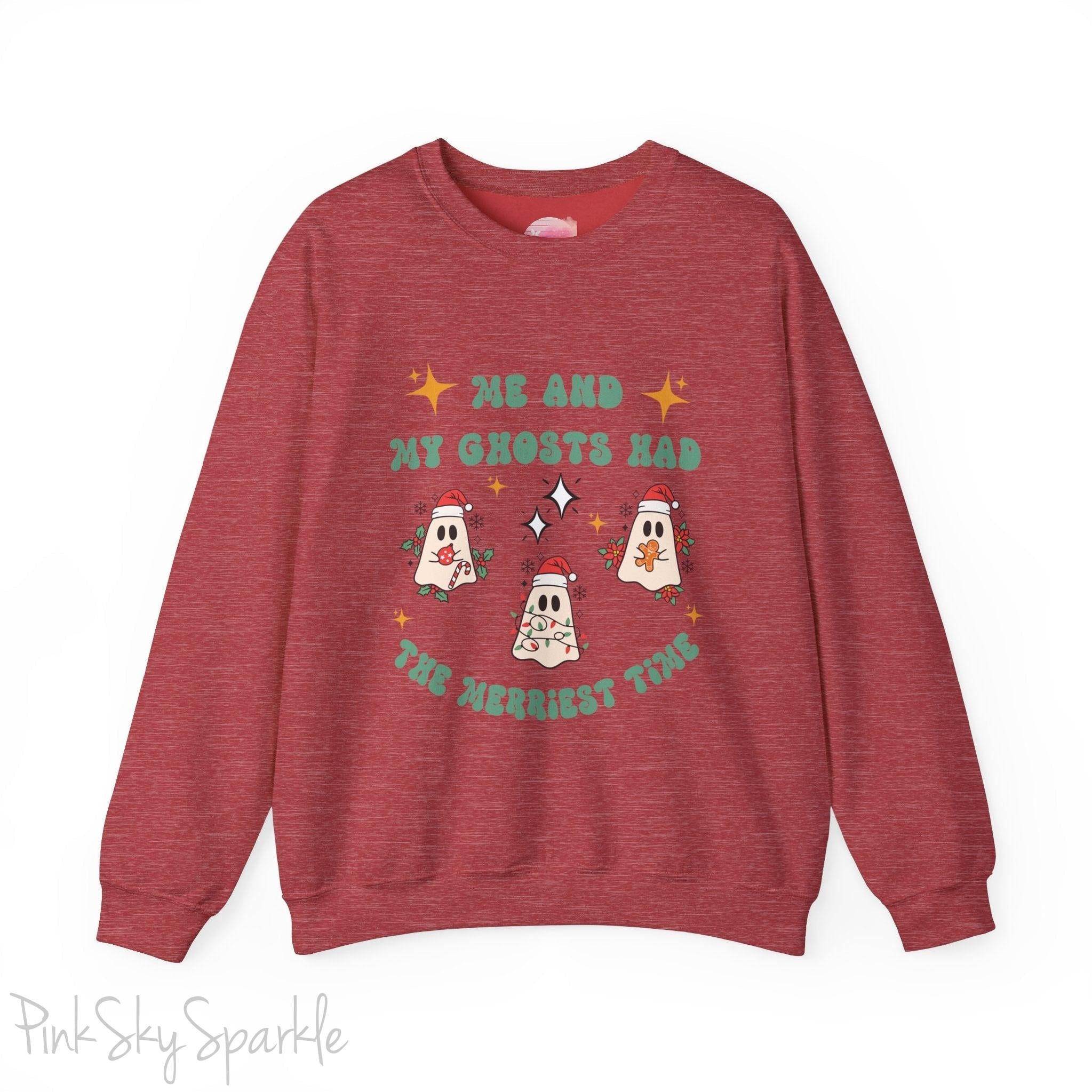 Me and My Ghosts Had the Merriest Time Crewneck Sweatshirt, Christmas-themed ghost design inspired by Taylor Swift lyrics, cozy holiday sweatshirt with festive ghosts, available in multiple sizes, perfect for holiday fans and Swifties-S-Heather Sport Scarlet Red-PINK SKY SPARKLE