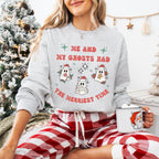 Me and My Ghosts Had the Merriest Time Crewneck Sweatshirt, Christmas-themed ghost design inspired by Taylor Swift lyrics, cozy holiday sweatshirt with festive ghosts, available in multiple sizes, perfect for holiday fans and Swifties-PINK SKY SPARKLE