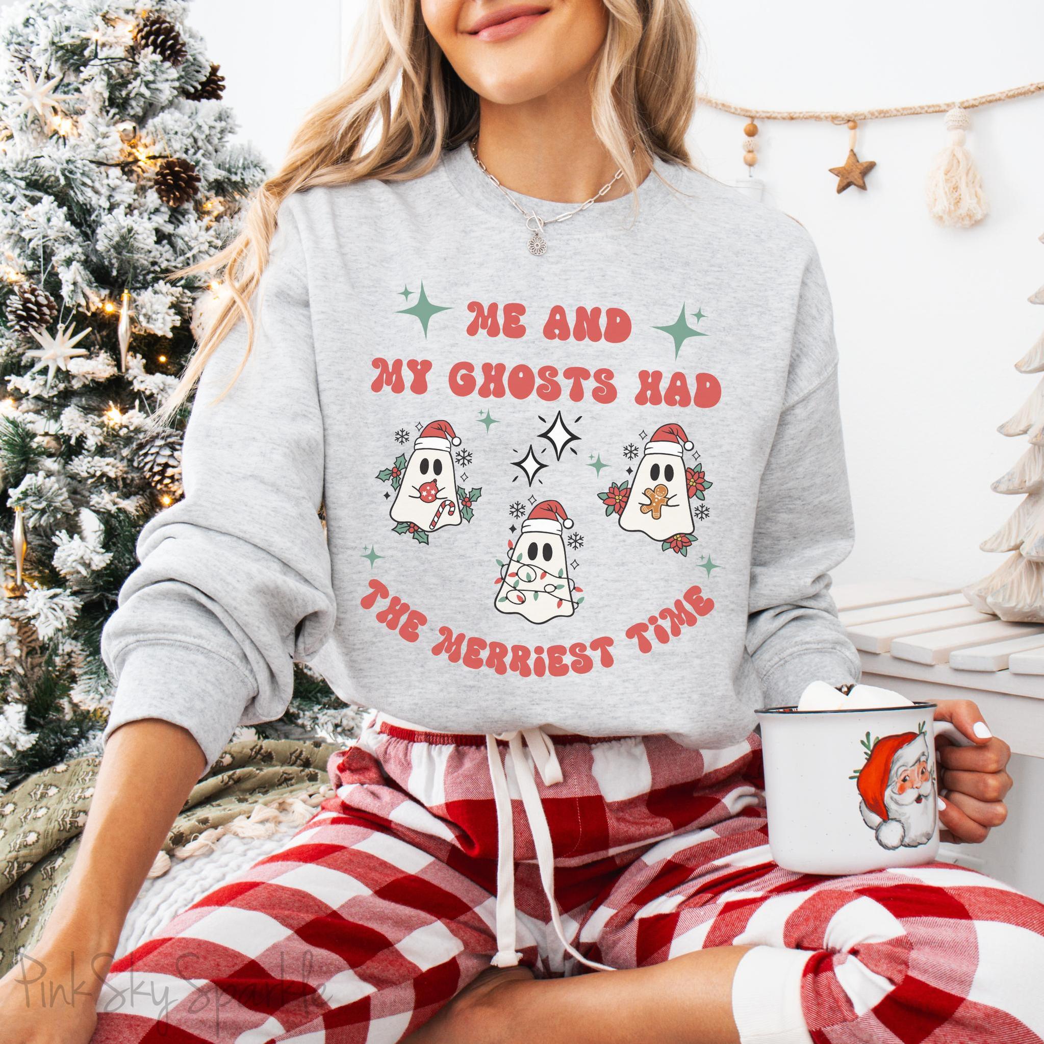Me and My Ghosts Had the Merriest Time Crewneck Sweatshirt, Christmas-themed ghost design inspired by Taylor Swift lyrics, cozy holiday sweatshirt with festive ghosts, available in multiple sizes, perfect for holiday fans and Swifties-PINK SKY SPARKLE