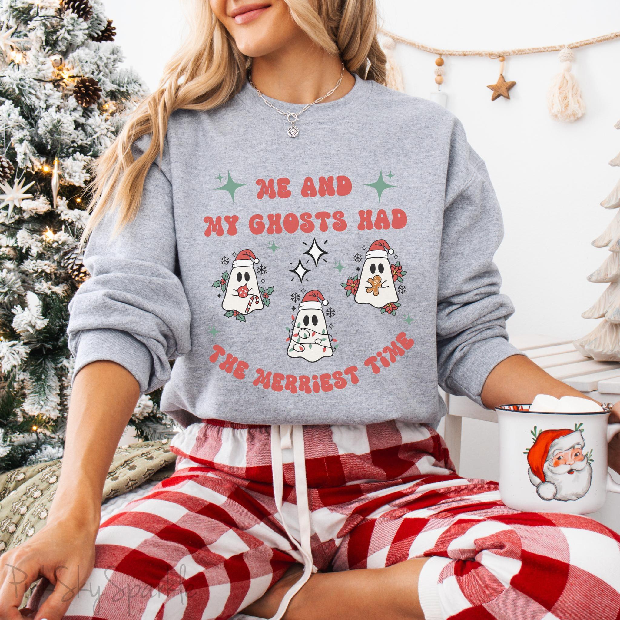 Me and My Ghosts Had the Merriest Time Crewneck Sweatshirt, Christmas-themed ghost design inspired by Taylor Swift lyrics, cozy holiday sweatshirt with festive ghosts, available in multiple sizes, perfect for holiday fans and Swifties-PINK SKY SPARKLE