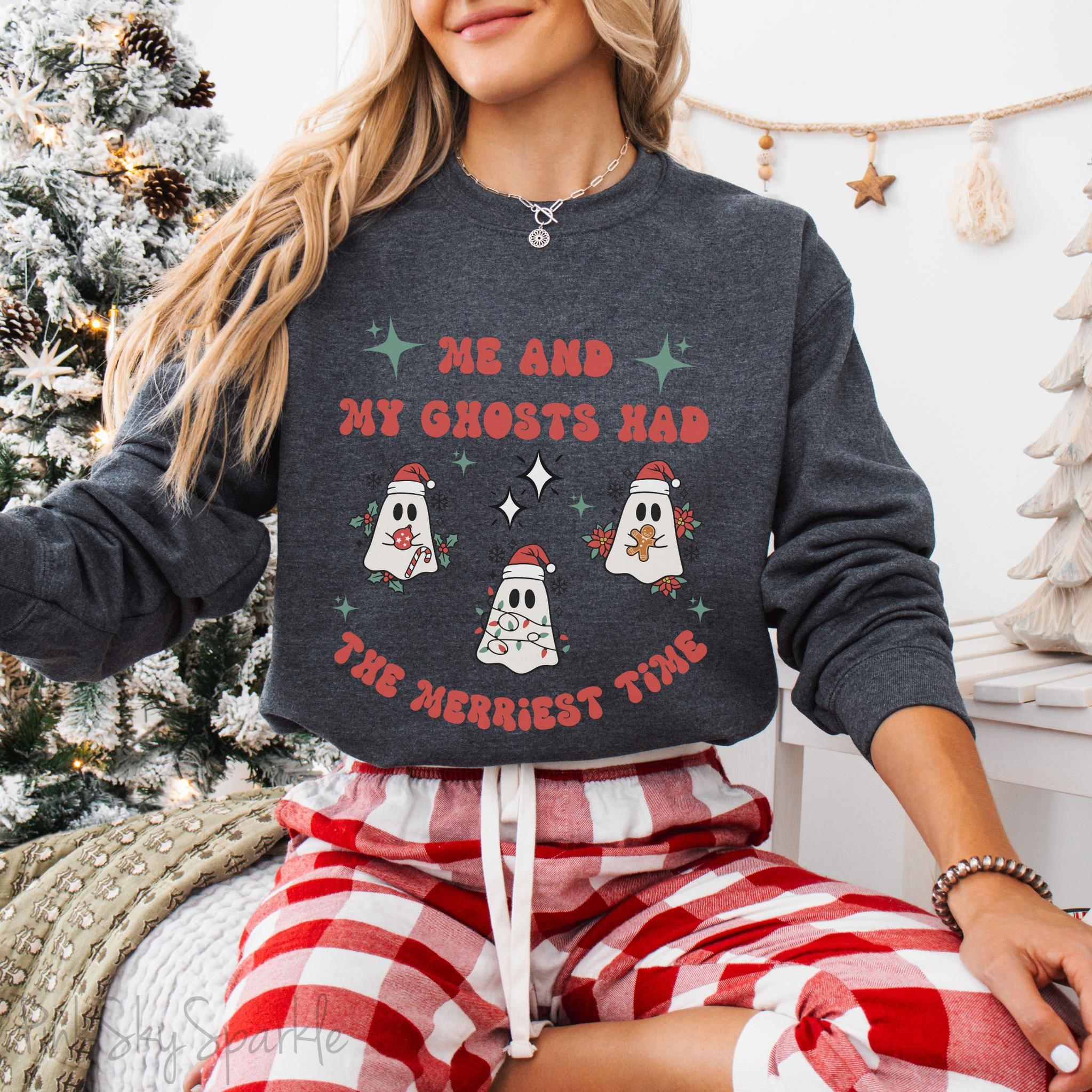 Me and My Ghosts Had the Merriest Time Crewneck Sweatshirt, Christmas-themed ghost design inspired by Taylor Swift lyrics, cozy holiday sweatshirt with festive ghosts, available in multiple sizes, perfect for holiday fans and Swifties-PINK SKY SPARKLE