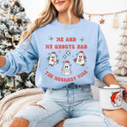 Me and My Ghosts Had the Merriest Time Crewneck Sweatshirt, Christmas-themed ghost design inspired by Taylor Swift lyrics, cozy holiday sweatshirt with festive ghosts, available in multiple sizes, perfect for holiday fans and Swifties-PINK SKY SPARKLE