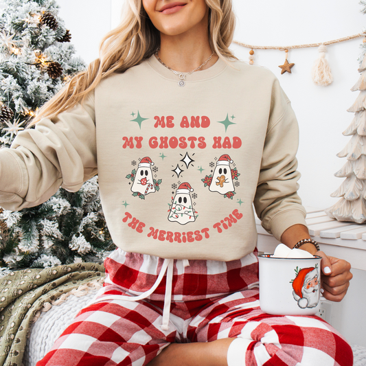 Me and My Ghosts Had the Merriest Time Crewneck Sweatshirt, Christmas-themed ghost design inspired by Taylor Swift lyrics, cozy holiday sweatshirt with festive ghosts, available in multiple sizes, perfect for holiday fans and Swifties-PINK SKY SPARKLE