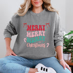 Merry Merry Merry Christmas Crewneck Sweatshirt, holiday sweatshirt with festive bows and candy canes, cozy Christmas sweater, seasonal apparel, available in multiple sizes, perfect for holiday celebrations, cheerful Christmas style, gift idea for holiday enthusiasts-PINK SKY SPARKLE