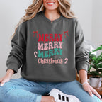 Merry Merry Merry Christmas Crewneck Sweatshirt, holiday sweatshirt with festive bows and candy canes, cozy Christmas sweater, seasonal apparel, available in multiple sizes, perfect for holiday celebrations, cheerful Christmas style, gift idea for holiday enthusiasts-PINK SKY SPARKLE