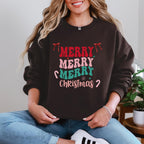 Merry Merry Merry Christmas Crewneck Sweatshirt, holiday sweatshirt with festive bows and candy canes, cozy Christmas sweater, seasonal apparel, available in multiple sizes, perfect for holiday celebrations, cheerful Christmas style, gift idea for holiday enthusiasts-PINK SKY SPARKLE