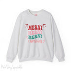 Merry Merry Merry Christmas Crewneck Sweatshirt, holiday sweatshirt with festive bows and candy canes, cozy Christmas sweater, seasonal apparel, available in multiple sizes, perfect for holiday celebrations, cheerful Christmas style, gift idea for holiday enthusiasts-S-Ash-PINK SKY SPARKLE