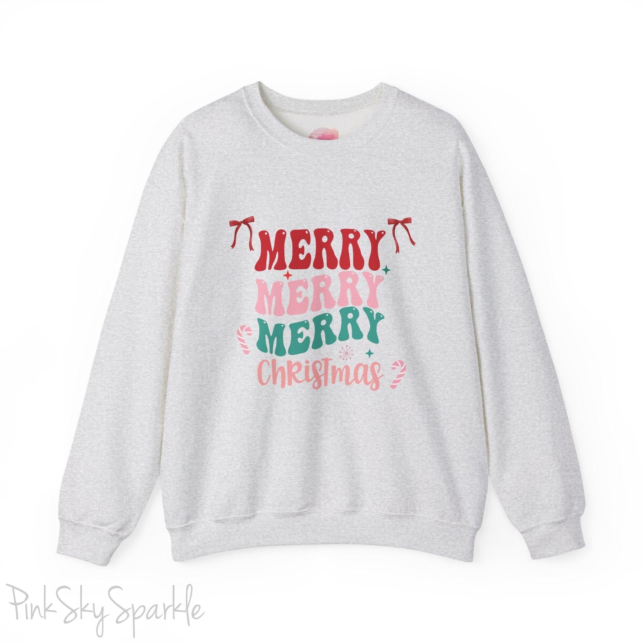 Merry Merry Merry Christmas Crewneck Sweatshirt, holiday sweatshirt with festive bows and candy canes, cozy Christmas sweater, seasonal apparel, available in multiple sizes, perfect for holiday celebrations, cheerful Christmas style, gift idea for holiday enthusiasts-S-Ash-PINK SKY SPARKLE