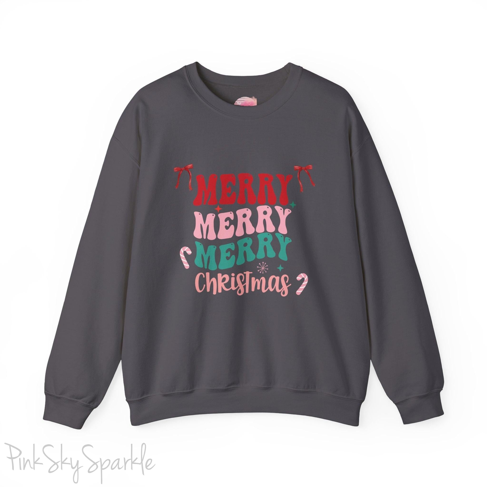 Merry Merry Merry Christmas Crewneck Sweatshirt, holiday sweatshirt with festive bows and candy canes, cozy Christmas sweater, seasonal apparel, available in multiple sizes, perfect for holiday celebrations, cheerful Christmas style, gift idea for holiday enthusiasts-S-Charcoal-PINK SKY SPARKLE