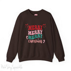 Merry Merry Merry Christmas Crewneck Sweatshirt, holiday sweatshirt with festive bows and candy canes, cozy Christmas sweater, seasonal apparel, available in multiple sizes, perfect for holiday celebrations, cheerful Christmas style, gift idea for holiday enthusiasts-S-Dark Chocolate-PINK SKY SPARKLE