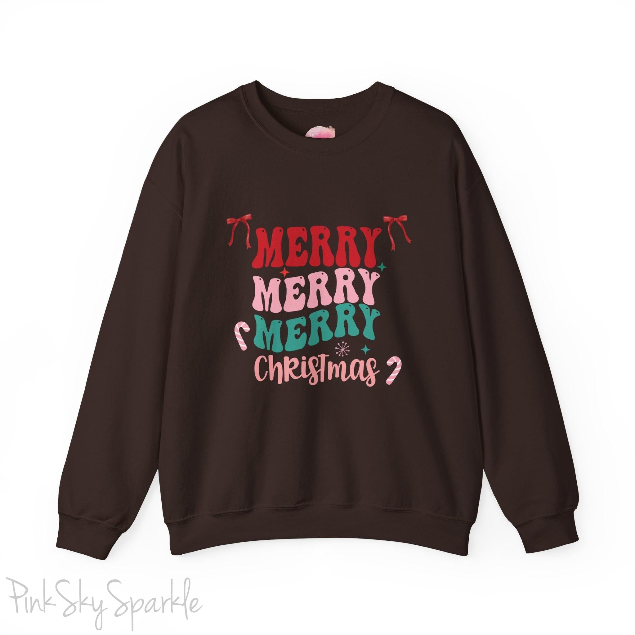 Merry Merry Merry Christmas Crewneck Sweatshirt, holiday sweatshirt with festive bows and candy canes, cozy Christmas sweater, seasonal apparel, available in multiple sizes, perfect for holiday celebrations, cheerful Christmas style, gift idea for holiday enthusiasts-S-Dark Chocolate-PINK SKY SPARKLE