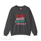 Merry Merry Merry Christmas Crewneck Sweatshirt, holiday sweatshirt with festive bows and candy canes, cozy Christmas sweater, seasonal apparel, available in multiple sizes, perfect for holiday celebrations, cheerful Christmas style, gift idea for holiday enthusiasts-S-Dark Heather-PINK SKY SPARKLE