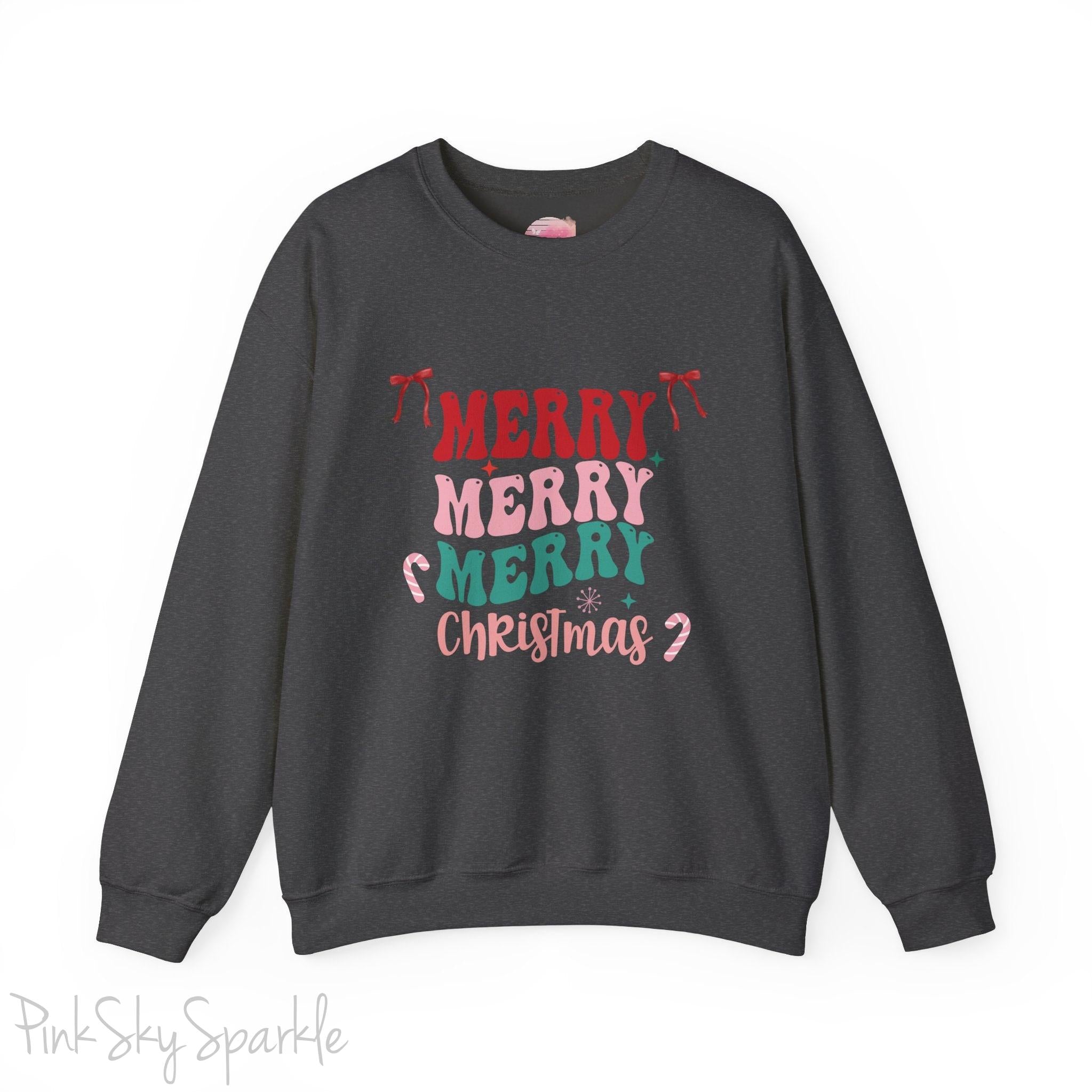 Merry Merry Merry Christmas Crewneck Sweatshirt, holiday sweatshirt with festive bows and candy canes, cozy Christmas sweater, seasonal apparel, available in multiple sizes, perfect for holiday celebrations, cheerful Christmas style, gift idea for holiday enthusiasts-S-Dark Heather-PINK SKY SPARKLE