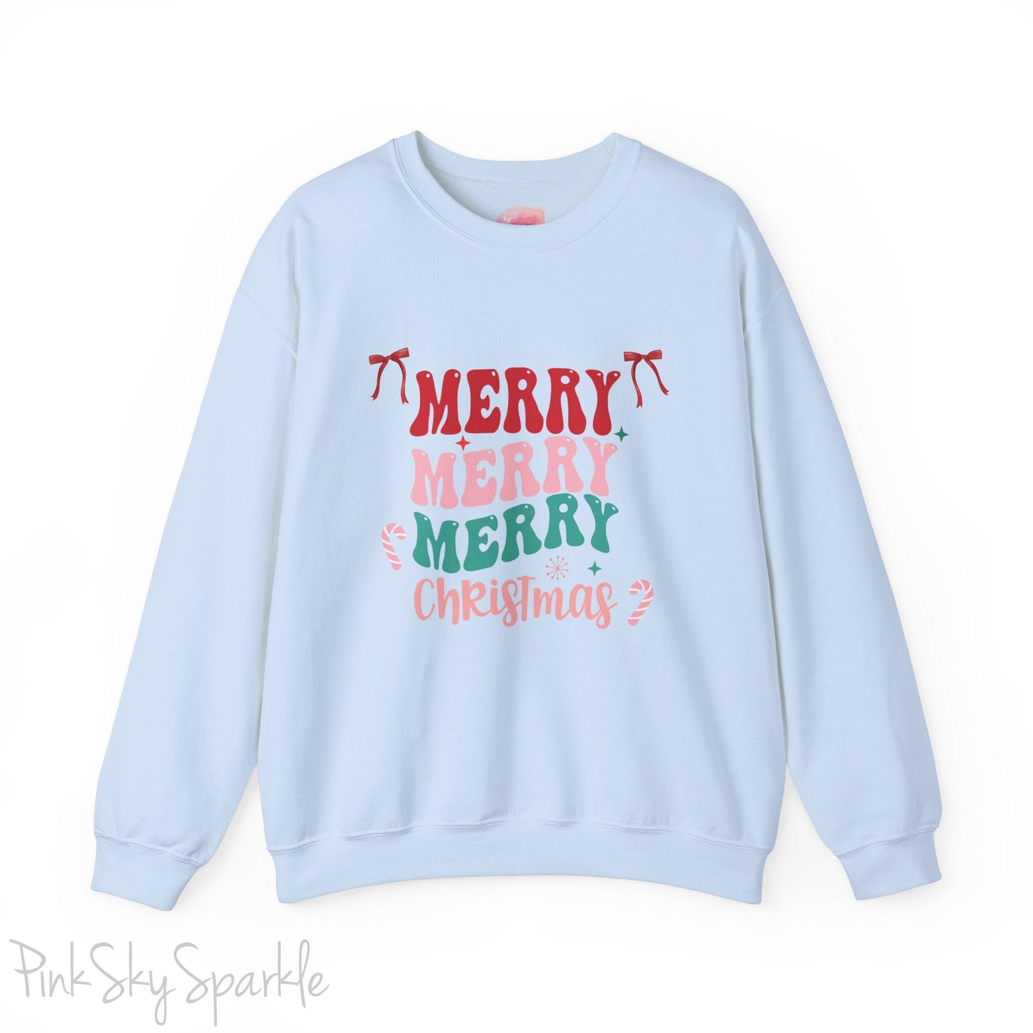 Merry Merry Merry Christmas Crewneck Sweatshirt, holiday sweatshirt with festive bows and candy canes, cozy Christmas sweater, seasonal apparel, available in multiple sizes, perfect for holiday celebrations, cheerful Christmas style, gift idea for holiday enthusiasts-S-Light Blue-PINK SKY SPARKLE