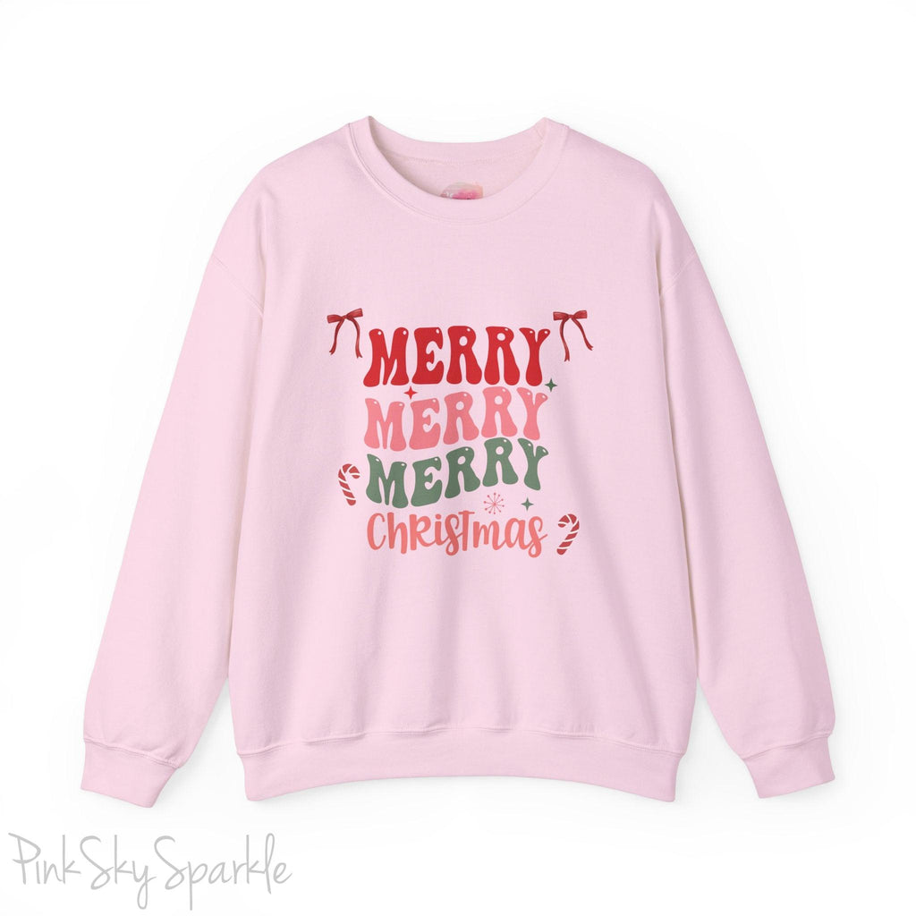 Merry Merry Merry Christmas Crewneck Sweatshirt, holiday sweatshirt with festive bows and candy canes, cozy Christmas sweater, seasonal apparel, available in multiple sizes, perfect for holiday celebrations, cheerful Christmas style, gift idea for holiday enthusiasts-S-Light Pink-PINK SKY SPARKLE
