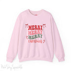 Merry Merry Merry Christmas Crewneck Sweatshirt, holiday sweatshirt with festive bows and candy canes, cozy Christmas sweater, seasonal apparel, available in multiple sizes, perfect for holiday celebrations, cheerful Christmas style, gift idea for holiday enthusiasts-S-Light Pink-PINK SKY SPARKLE