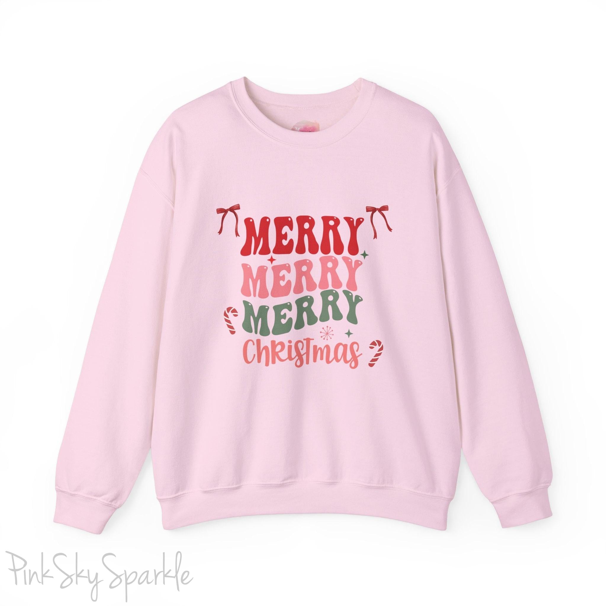 Merry Merry Merry Christmas Crewneck Sweatshirt, holiday sweatshirt with festive bows and candy canes, cozy Christmas sweater, seasonal apparel, available in multiple sizes, perfect for holiday celebrations, cheerful Christmas style, gift idea for holiday enthusiasts-S-Light Pink-PINK SKY SPARKLE