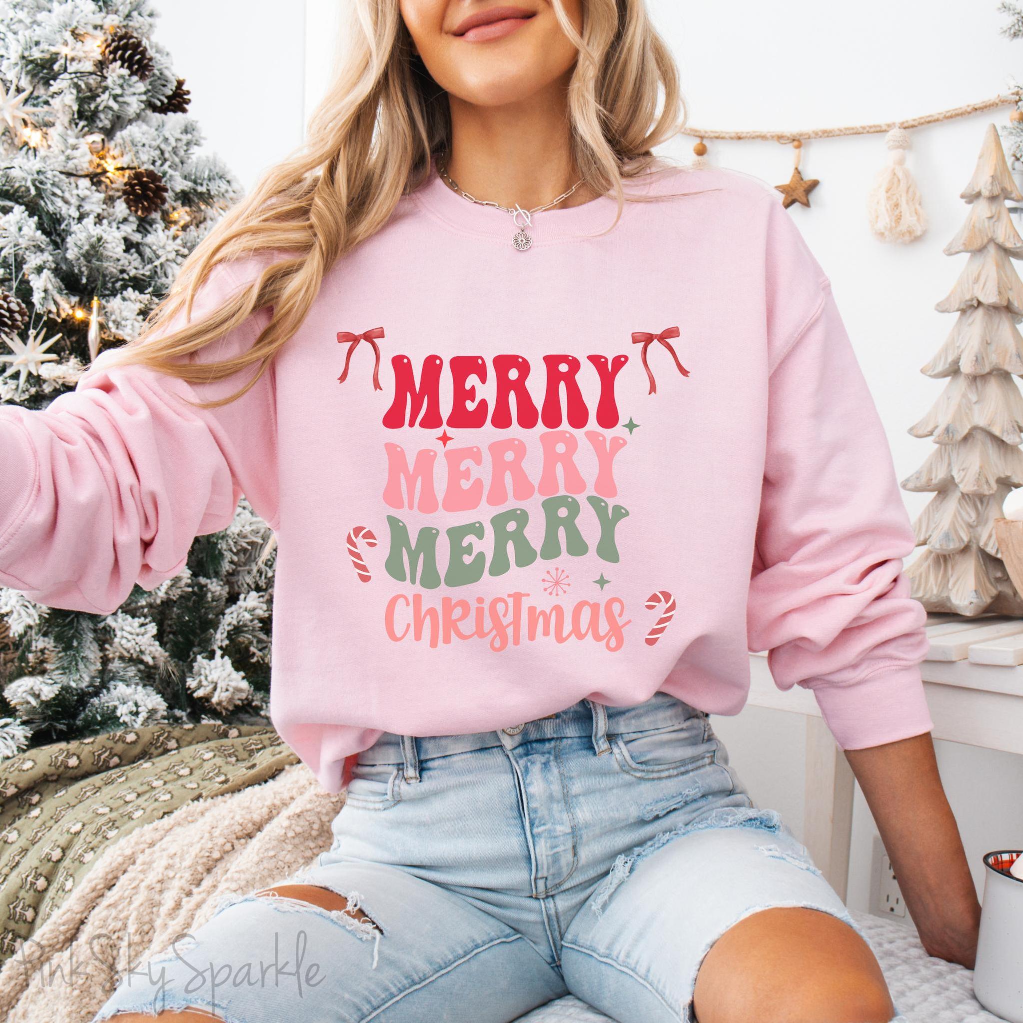 Merry Merry Merry Christmas Crewneck Sweatshirt, holiday sweatshirt with festive bows and candy canes, cozy Christmas sweater, seasonal apparel, available in multiple sizes, perfect for holiday celebrations, cheerful Christmas style, gift idea for holiday enthusiasts-PINK SKY SPARKLE