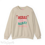 Merry Merry Merry Christmas Crewneck Sweatshirt, holiday sweatshirt with festive bows and candy canes, cozy Christmas sweater, seasonal apparel, available in multiple sizes, perfect for holiday celebrations, cheerful Christmas style, gift idea for holiday enthusiasts-S-Sand-PINK SKY SPARKLE