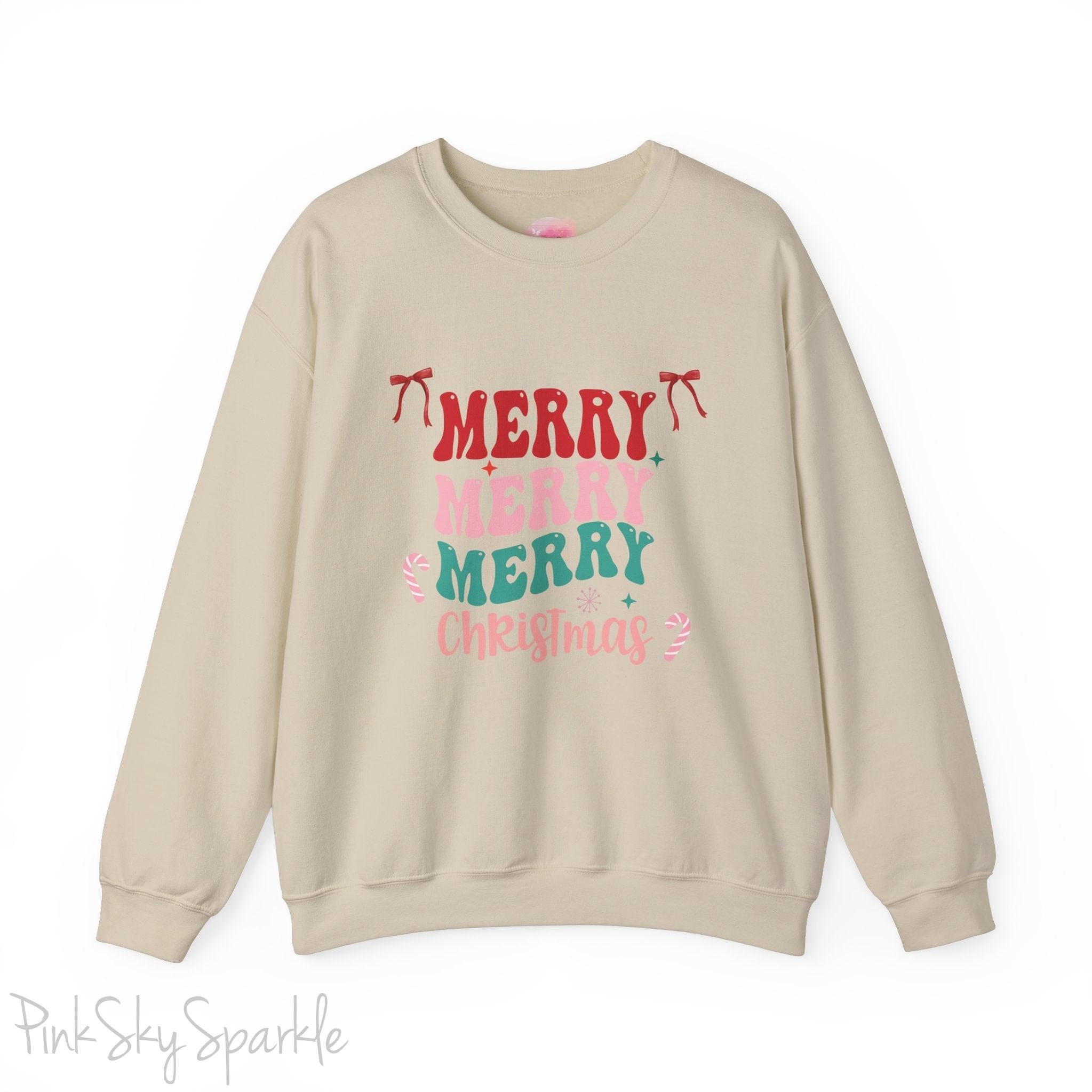 Merry Merry Merry Christmas Crewneck Sweatshirt, holiday sweatshirt with festive bows and candy canes, cozy Christmas sweater, seasonal apparel, available in multiple sizes, perfect for holiday celebrations, cheerful Christmas style, gift idea for holiday enthusiasts-S-Sand-PINK SKY SPARKLE