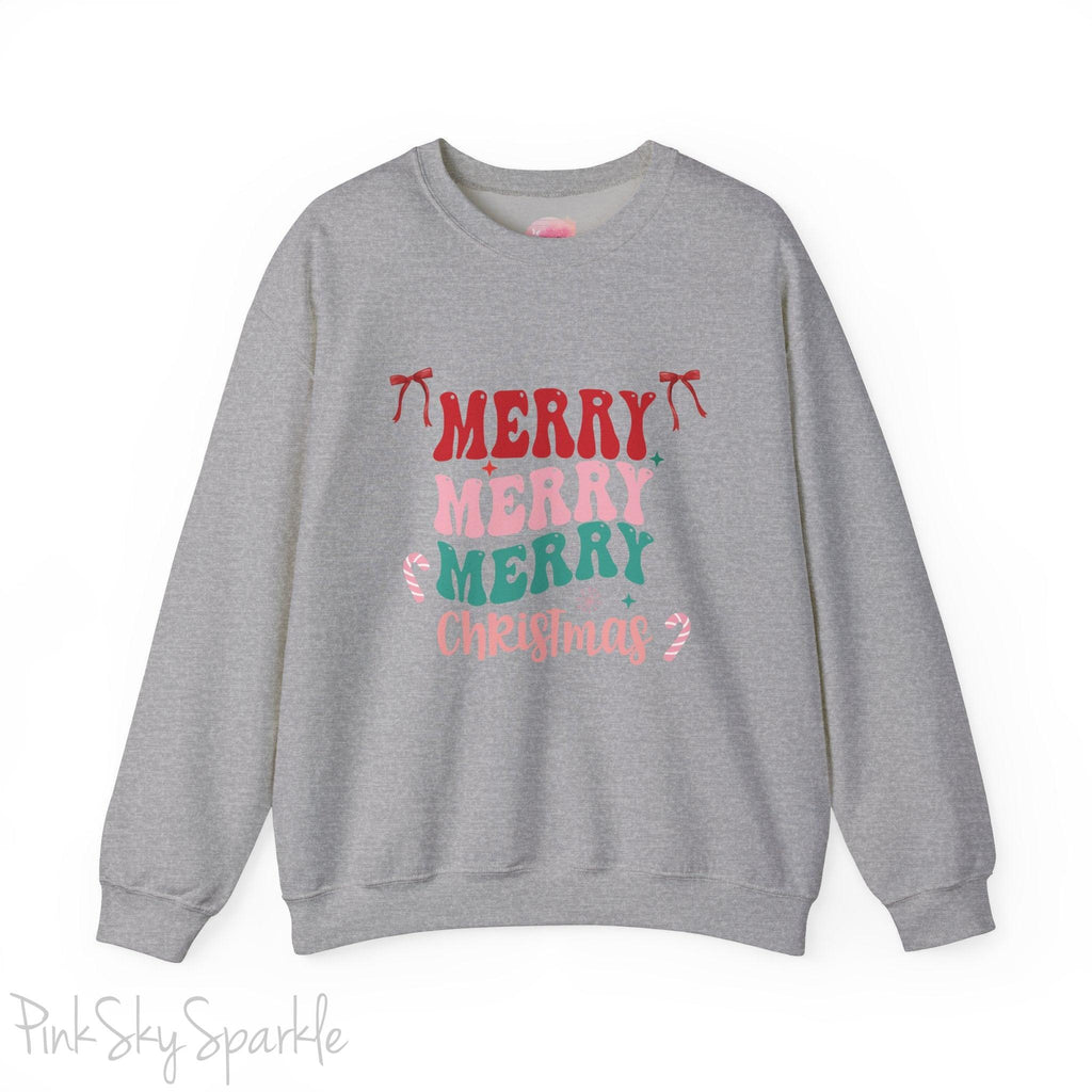 Merry Merry Merry Christmas Crewneck Sweatshirt, holiday sweatshirt with festive bows and candy canes, cozy Christmas sweater, seasonal apparel, available in multiple sizes, perfect for holiday celebrations, cheerful Christmas style, gift idea for holiday enthusiasts-S-Sport Grey-PINK SKY SPARKLE