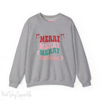 Merry Merry Merry Christmas Crewneck Sweatshirt, holiday sweatshirt with festive bows and candy canes, cozy Christmas sweater, seasonal apparel, available in multiple sizes, perfect for holiday celebrations, cheerful Christmas style, gift idea for holiday enthusiasts-S-Sport Grey-PINK SKY SPARKLE