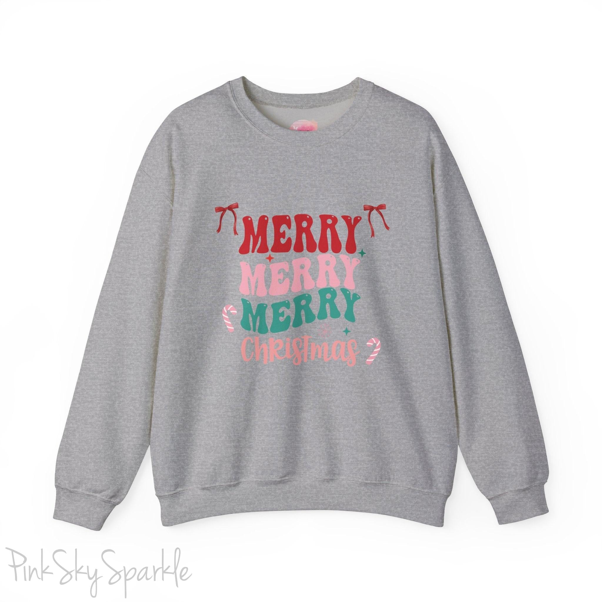 Merry Merry Merry Christmas Crewneck Sweatshirt, holiday sweatshirt with festive bows and candy canes, cozy Christmas sweater, seasonal apparel, available in multiple sizes, perfect for holiday celebrations, cheerful Christmas style, gift idea for holiday enthusiasts-S-Sport Grey-PINK SKY SPARKLE