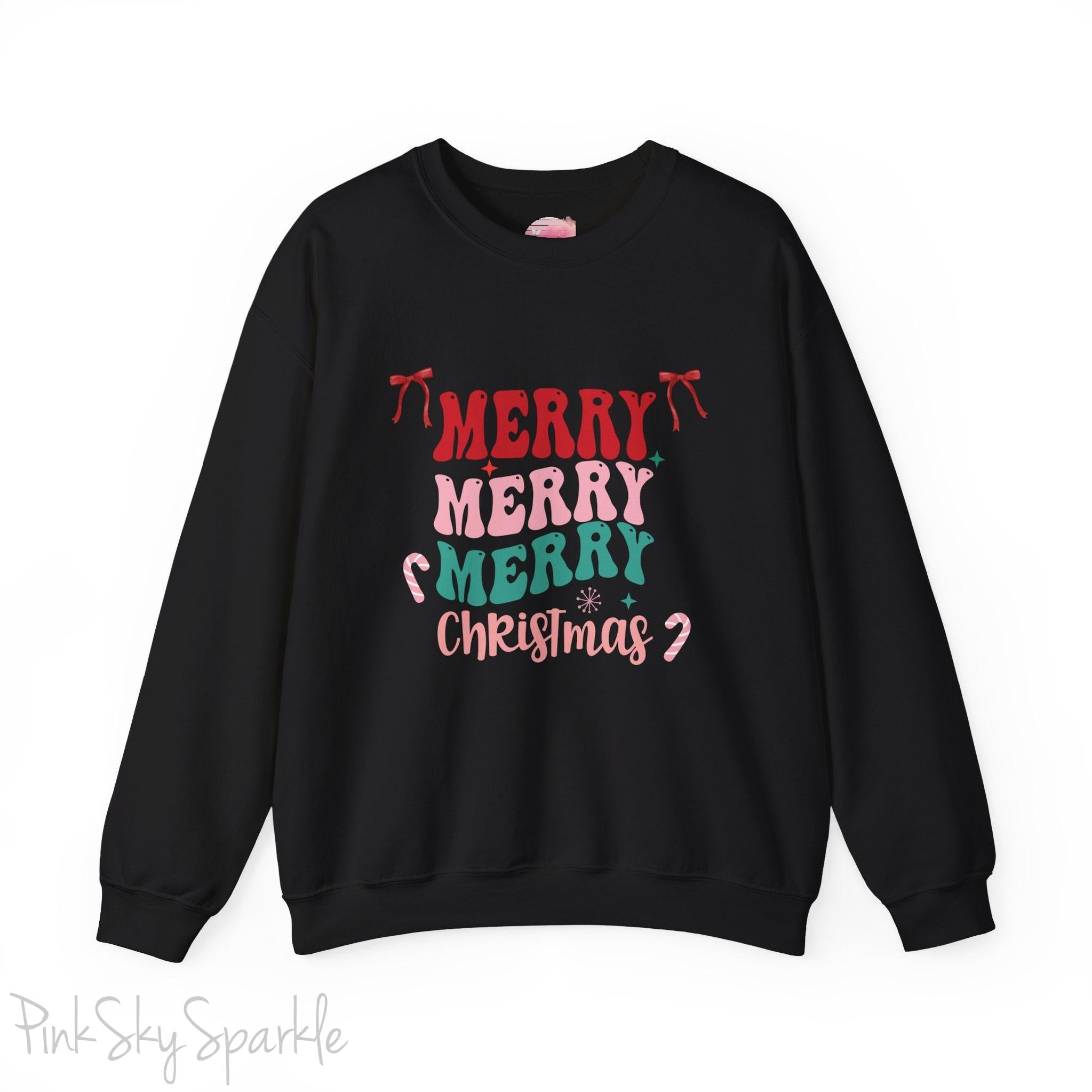 Merry Merry Merry Christmas Crewneck Sweatshirt, holiday sweatshirt with festive bows and candy canes, cozy Christmas sweater, seasonal apparel, available in multiple sizes, perfect for holiday celebrations, cheerful Christmas style, gift idea for holiday enthusiasts-S-Black-PINK SKY SPARKLE