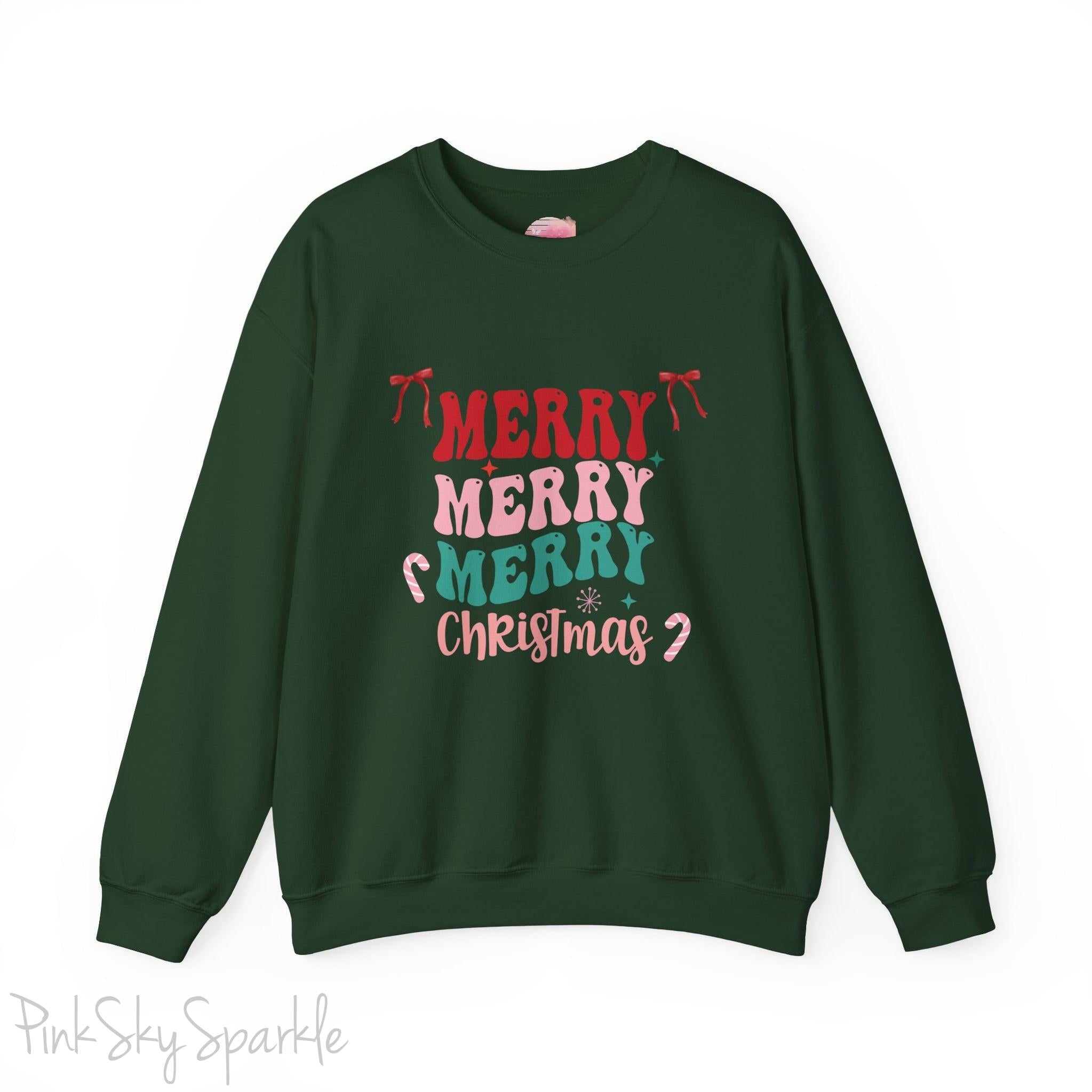 Merry Merry Merry Christmas Crewneck Sweatshirt, holiday sweatshirt with festive bows and candy canes, cozy Christmas sweater, seasonal apparel, available in multiple sizes, perfect for holiday celebrations, cheerful Christmas style, gift idea for holiday enthusiasts-S-Forest Green-PINK SKY SPARKLE