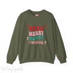 Merry Merry Merry Christmas Crewneck Sweatshirt, holiday sweatshirt with festive bows and candy canes, cozy Christmas sweater, seasonal apparel, available in multiple sizes, perfect for holiday celebrations, cheerful Christmas style, gift idea for holiday enthusiasts-S-Military Green-PINK SKY SPARKLE