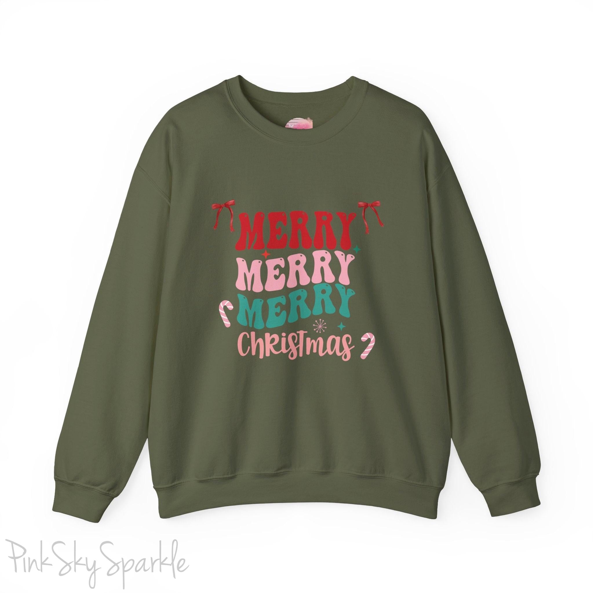Merry Merry Merry Christmas Crewneck Sweatshirt, holiday sweatshirt with festive bows and candy canes, cozy Christmas sweater, seasonal apparel, available in multiple sizes, perfect for holiday celebrations, cheerful Christmas style, gift idea for holiday enthusiasts-S-Military Green-PINK SKY SPARKLE