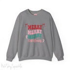 Merry Merry Merry Christmas Crewneck Sweatshirt, holiday sweatshirt with festive bows and candy canes, cozy Christmas sweater, seasonal apparel, available in multiple sizes, perfect for holiday celebrations, cheerful Christmas style, gift idea for holiday enthusiasts-S-Graphite Heather-PINK SKY SPARKLE