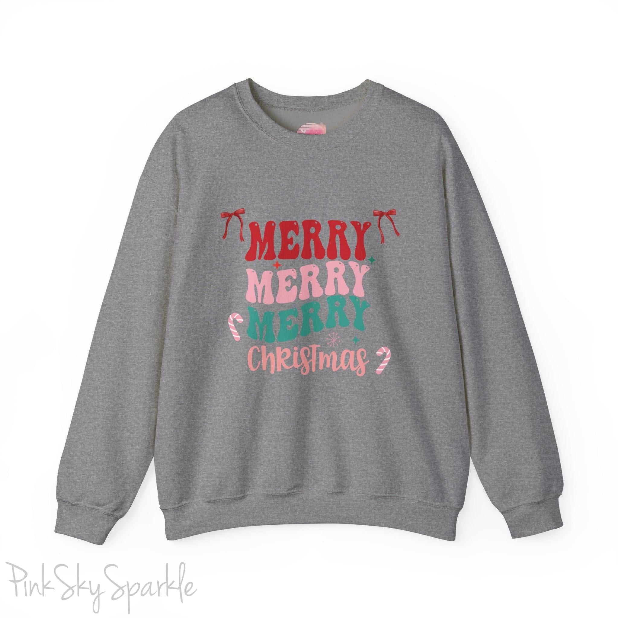 Merry Merry Merry Christmas Crewneck Sweatshirt, holiday sweatshirt with festive bows and candy canes, cozy Christmas sweater, seasonal apparel, available in multiple sizes, perfect for holiday celebrations, cheerful Christmas style, gift idea for holiday enthusiasts-S-Graphite Heather-PINK SKY SPARKLE