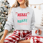 Merry Merry Merry Christmas Crewneck Sweatshirt, holiday sweatshirt with festive bows and candy canes, cozy Christmas sweater, seasonal apparel, available in multiple sizes, perfect for holiday celebrations, cheerful Christmas style, gift idea for holiday enthusiasts-PINK SKY SPARKLE