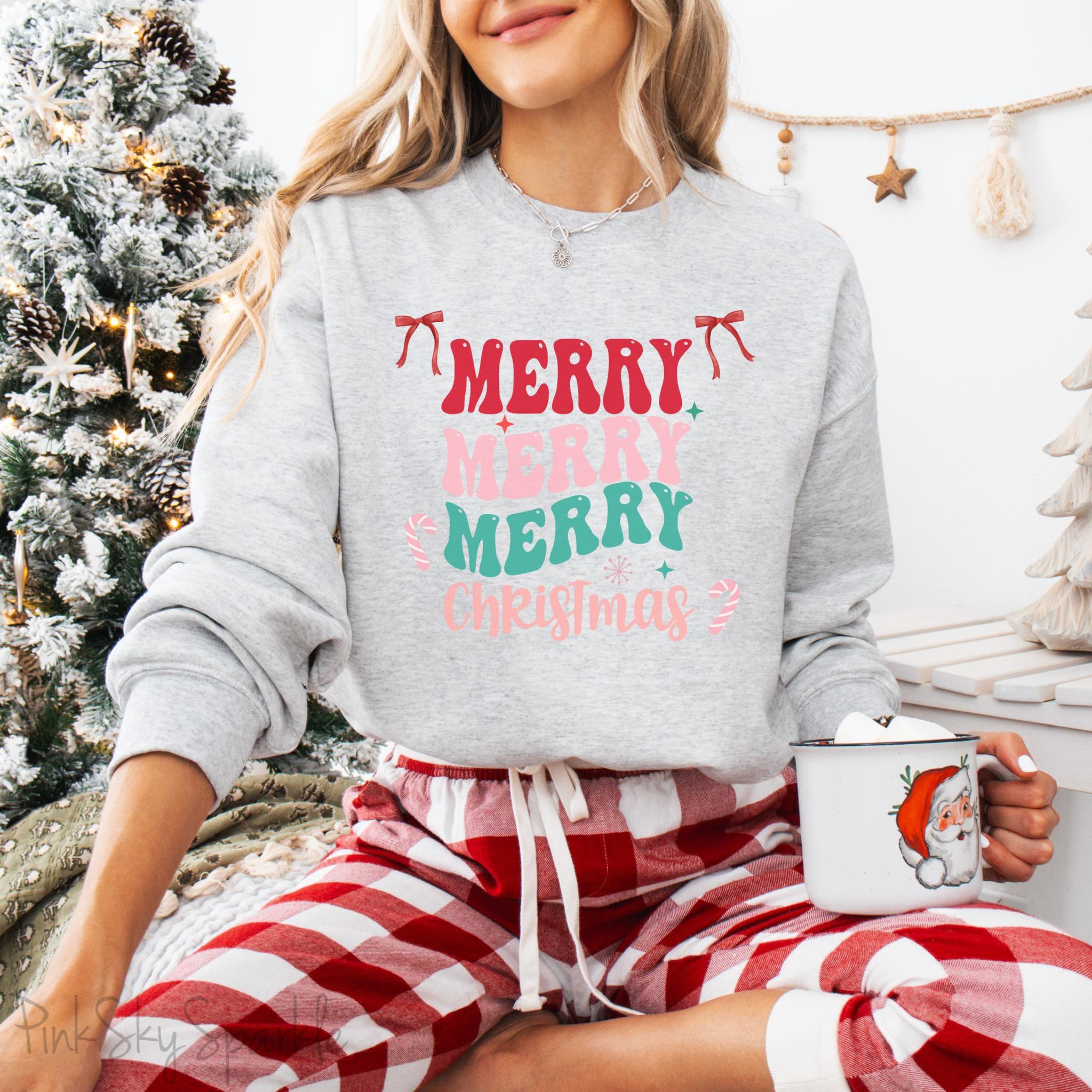 Merry Merry Merry Christmas Crewneck Sweatshirt, holiday sweatshirt with festive bows and candy canes, cozy Christmas sweater, seasonal apparel, available in multiple sizes, perfect for holiday celebrations, cheerful Christmas style, gift idea for holiday enthusiasts-PINK SKY SPARKLE