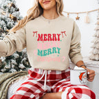 Merry Merry Merry Christmas Crewneck Sweatshirt, holiday sweatshirt with festive bows and candy canes, cozy Christmas sweater, seasonal apparel, available in multiple sizes, perfect for holiday celebrations, cheerful Christmas style, gift idea for holiday enthusiasts-PINK SKY SPARKLE