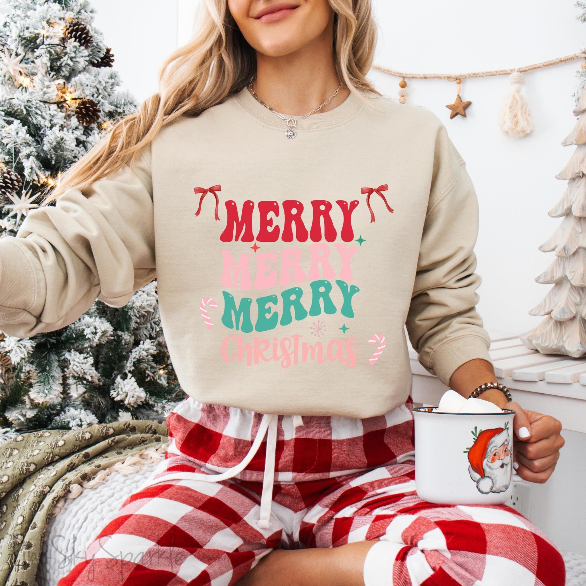 Merry Merry Merry Christmas Crewneck Sweatshirt, holiday sweatshirt with festive bows and candy canes, cozy Christmas sweater, seasonal apparel, available in multiple sizes, perfect for holiday celebrations, cheerful Christmas style, gift idea for holiday enthusiasts-PINK SKY SPARKLE
