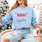 Merry Merry Merry Christmas Crewneck Sweatshirt, holiday sweatshirt with festive bows and candy canes, cozy Christmas sweater, seasonal apparel, available in multiple sizes, perfect for holiday celebrations, cheerful Christmas style, gift idea for holiday enthusiasts-PINK SKY SPARKLE