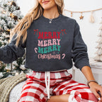 Merry Merry Merry Christmas Crewneck Sweatshirt, holiday sweatshirt with festive bows and candy canes, cozy Christmas sweater, seasonal apparel, available in multiple sizes, perfect for holiday celebrations, cheerful Christmas style, gift idea for holiday enthusiasts-PINK SKY SPARKLE