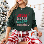 Merry Merry Merry Christmas Crewneck Sweatshirt, holiday sweatshirt with festive bows and candy canes, cozy Christmas sweater, seasonal apparel, available in multiple sizes, perfect for holiday celebrations, cheerful Christmas style, gift idea for holiday enthusiasts-PINK SKY SPARKLE