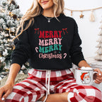 Merry Merry Merry Christmas Crewneck Sweatshirt, holiday sweatshirt with festive bows and candy canes, cozy Christmas sweater, seasonal apparel, available in multiple sizes, perfect for holiday celebrations, cheerful Christmas style, gift idea for holiday enthusiasts-PINK SKY SPARKLE