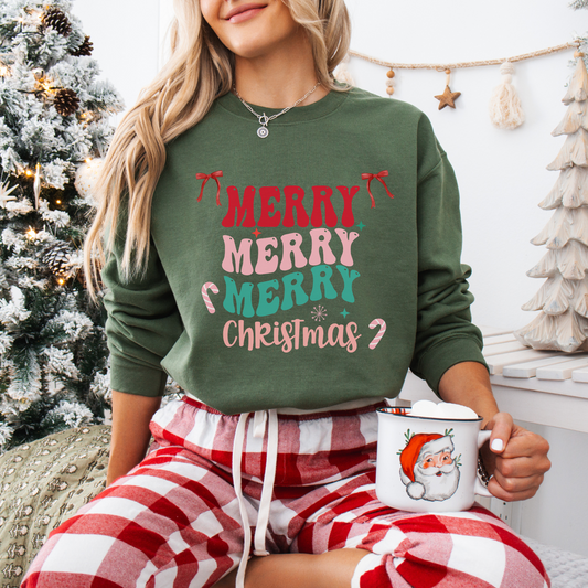 Merry Merry Merry Christmas Crewneck Sweatshirt, holiday sweatshirt with festive bows and candy canes, cozy Christmas sweater, seasonal apparel, available in multiple sizes, perfect for holiday celebrations, cheerful Christmas style, gift idea for holiday enthusiasts-PINK SKY SPARKLE